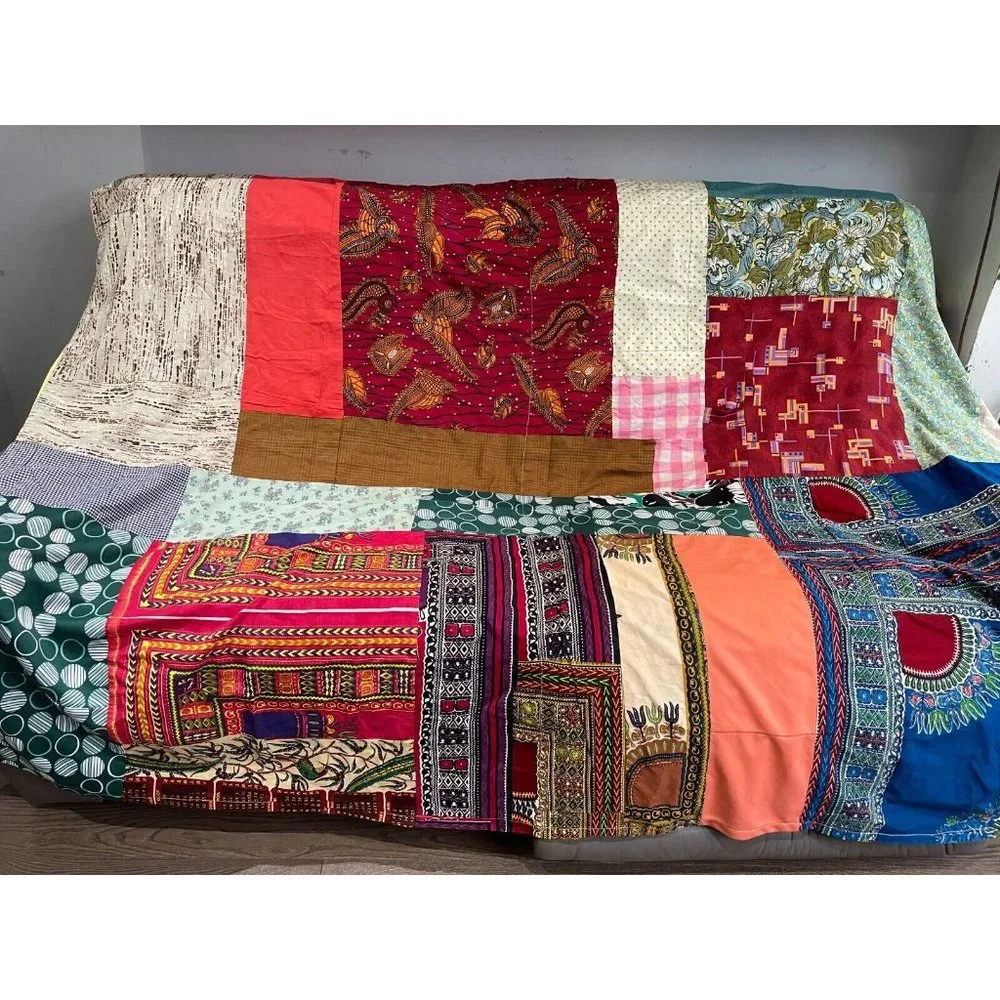 VTG Handmade Patchwork quilt bedspread thin hippy animal full 85 X 71